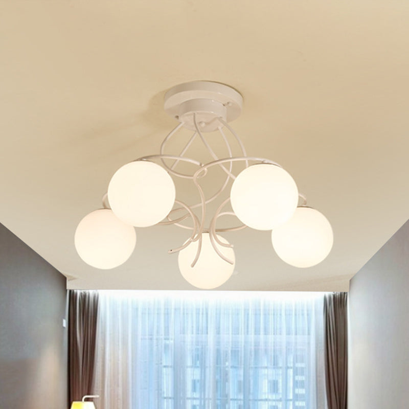Iron Swirling Semi Flush Mount Modernism 5 Heads Black/White Finish Flush Ceiling Light with Globe Opal Glass Shade