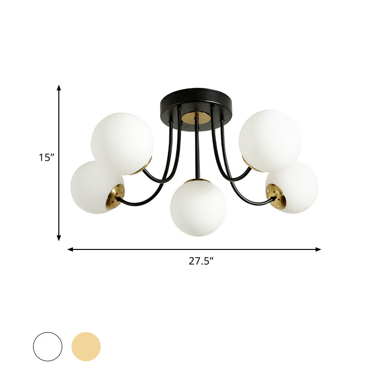 Plafonnier sphérique semi-encastré Post moderne blanc givré/verre ambré 5 ampoules lampe encastrée pour chambre à coucher