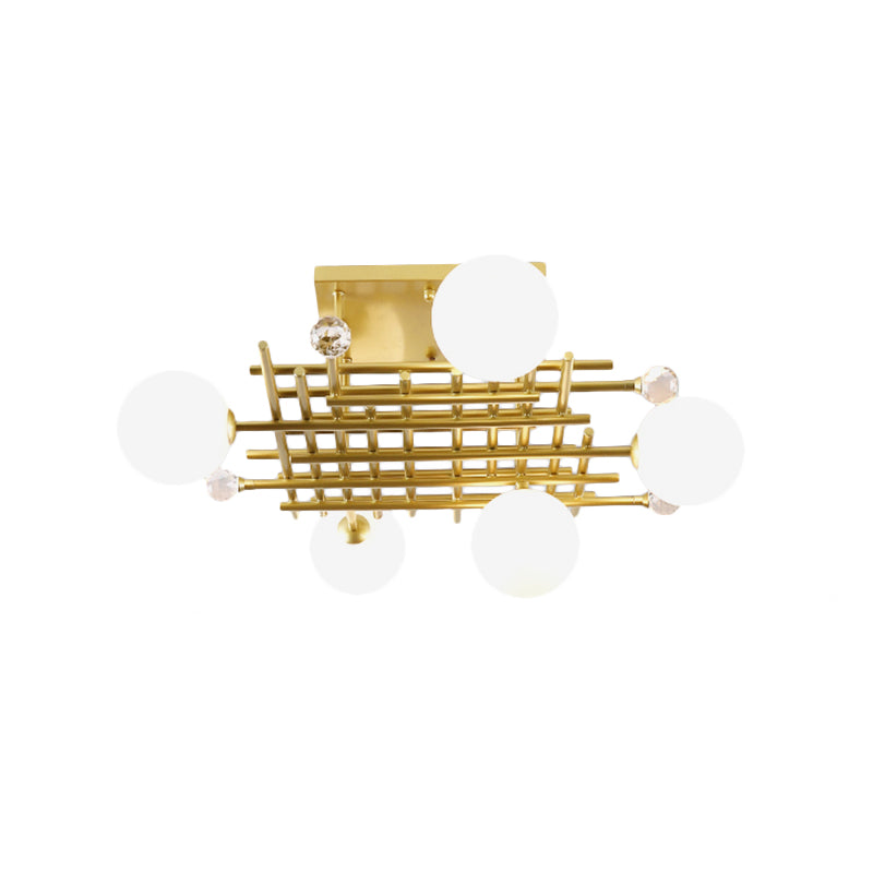 Crossing Linear Semi Flush Light Designer Metallic 5 Lights Brass Flush Mount Ceiling Lamp with Crystal Ball Deco