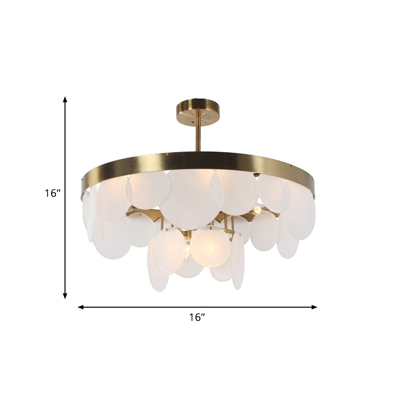 Post-Modern Circle Panel Semi Flushmount White Glass 6 Bulbs Bedroom Ceiling Flush Mount in Brass with Ring Design