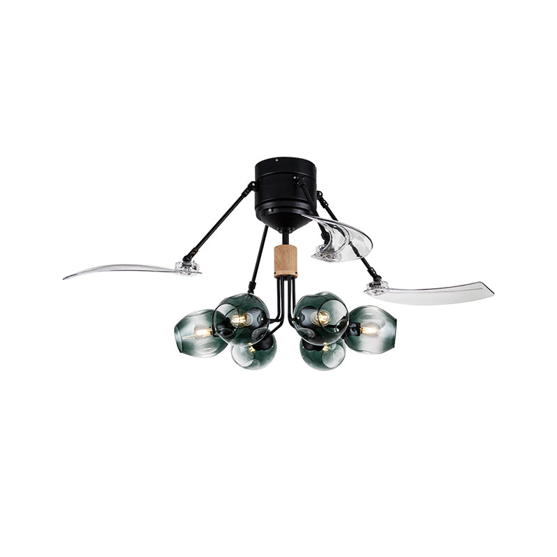 48 "W Bud Deckenventilator Leichter modernistisches grünes Grübchen Glas 6 Lichter Schwarze Halbflush -Mount -Lampe mit 3 klaren Klingen