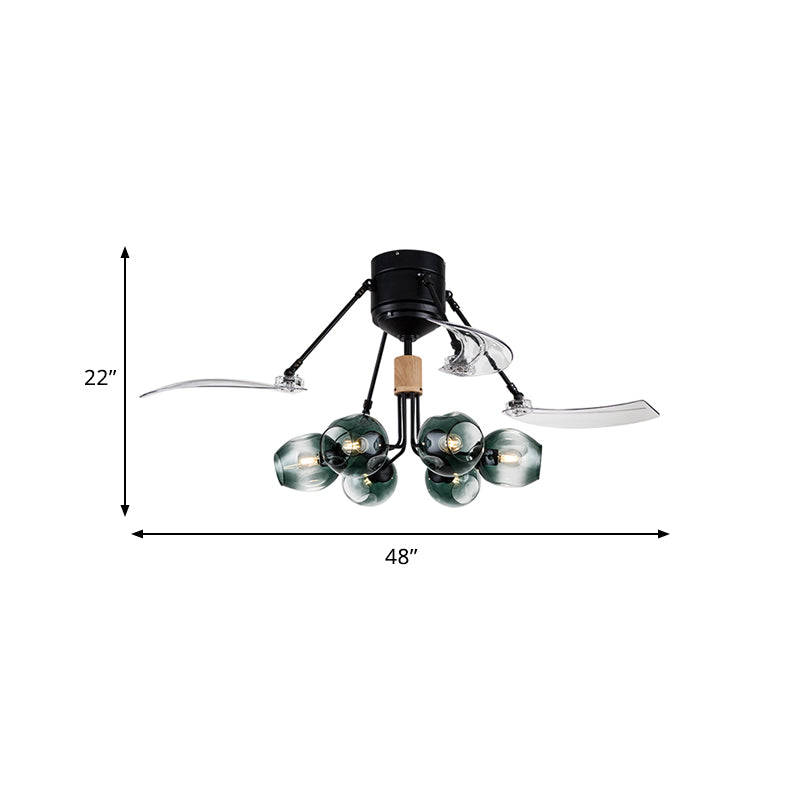 48 "W Bud Deckenventilator Leichter modernistisches grünes Grübchen Glas 6 Lichter Schwarze Halbflush -Mount -Lampe mit 3 klaren Klingen