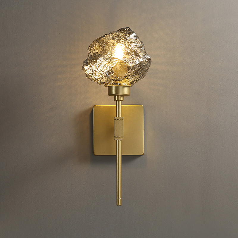 Brass Ice Block Wall Light Sconce Post Modern 1 Head Amber/Smoke Gray Glass Wall Mounted Lamp for Living Room