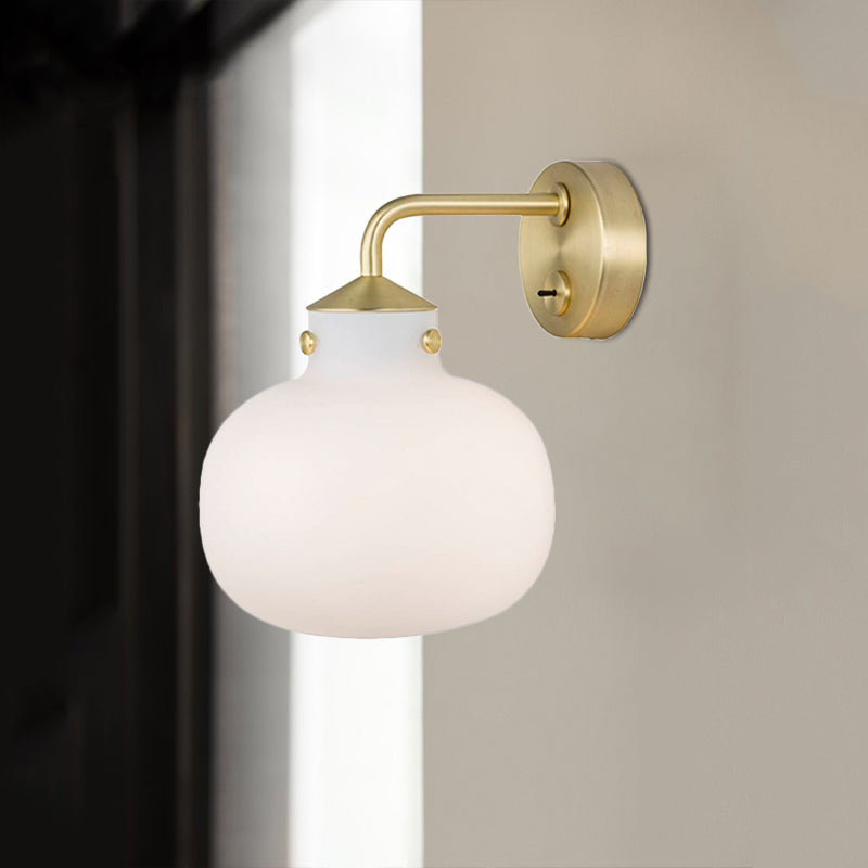 1 Bulb Balcony Wall Mount Light Postmodern Brass Wall Sconce with Oblong Milk White Glass Shade