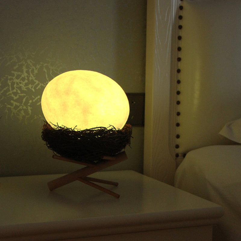 Rechargeable White Egg Nightstand Light Kids Creative Plastic LED Table Lamp with Wood Stand and Nest Lamp Holder