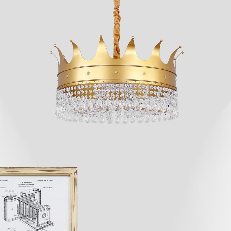 Kronenform Metall Kronleuchter Licht Modernismus 4-Bulb-Wohnzimmer Hanging Anhängerlampe in Gold mit Kristalltropfen