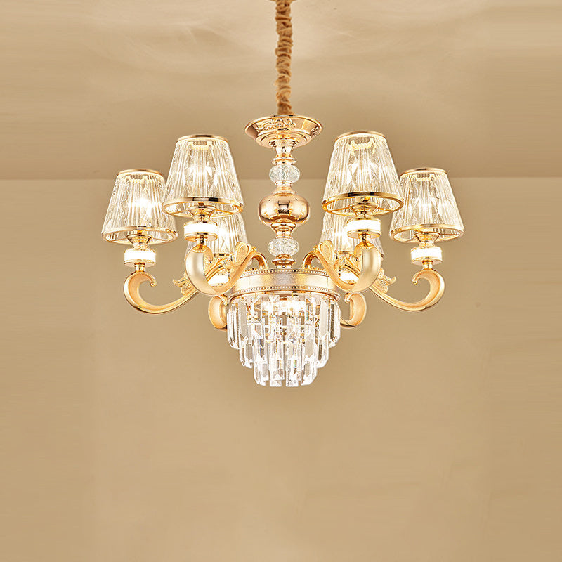 3-Tier Faceted Crystal Chandelier Lighting Modernism 6/8 Heads Living Room Hanging Lamp Kit in Gold with Conic Shade