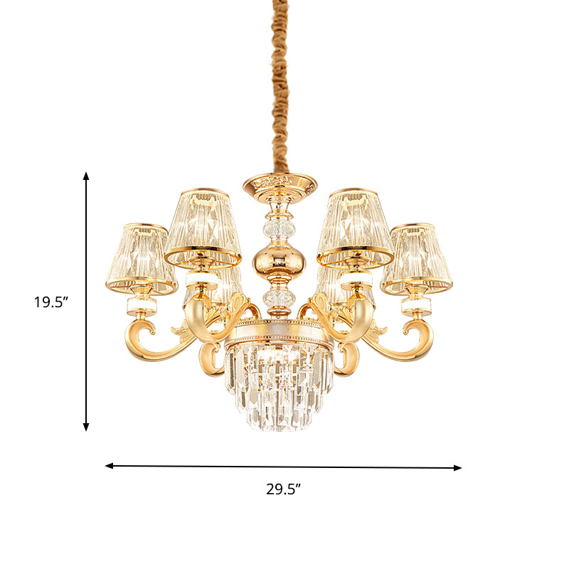3-Tier Faceted Crystal Chandelier Lighting Modernism 6/8 Heads Living Room Hanging Lamp Kit in Gold with Conic Shade