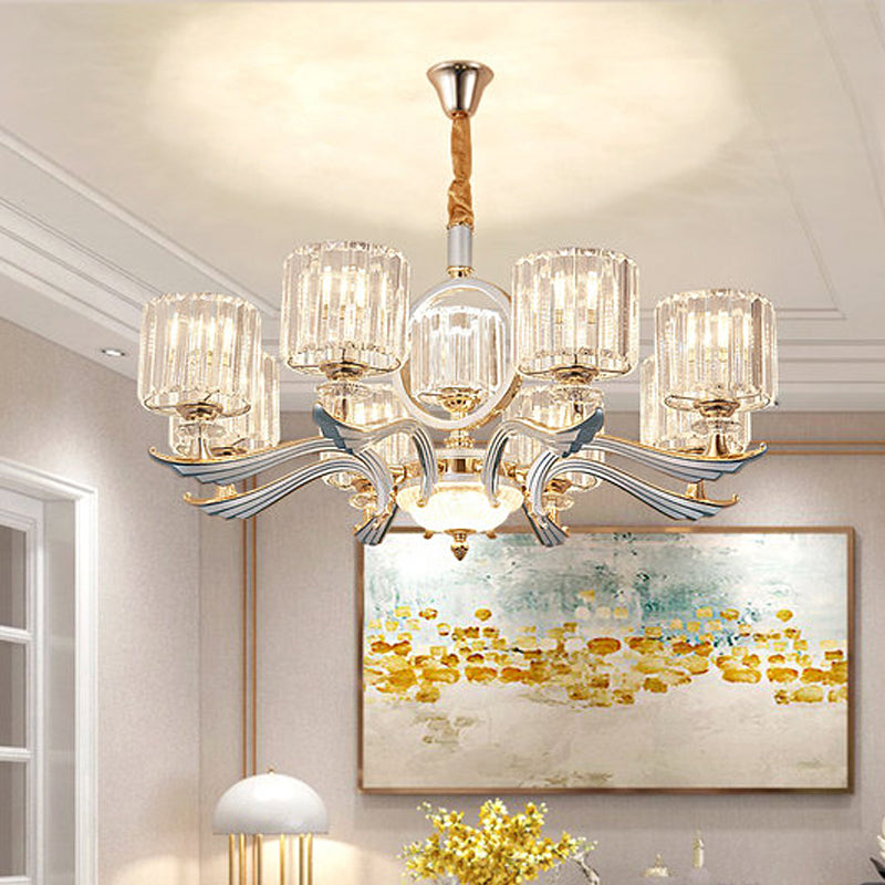 Crystal Block Cylinder Suspension Light Contemporary 6/8-Head Dining Room Chandelier in Silver