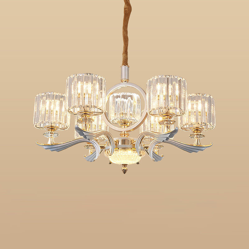 Crystal Block Cylinder Suspension Light Contemporary 6/8-Head Dining Room Chandelier in Silver