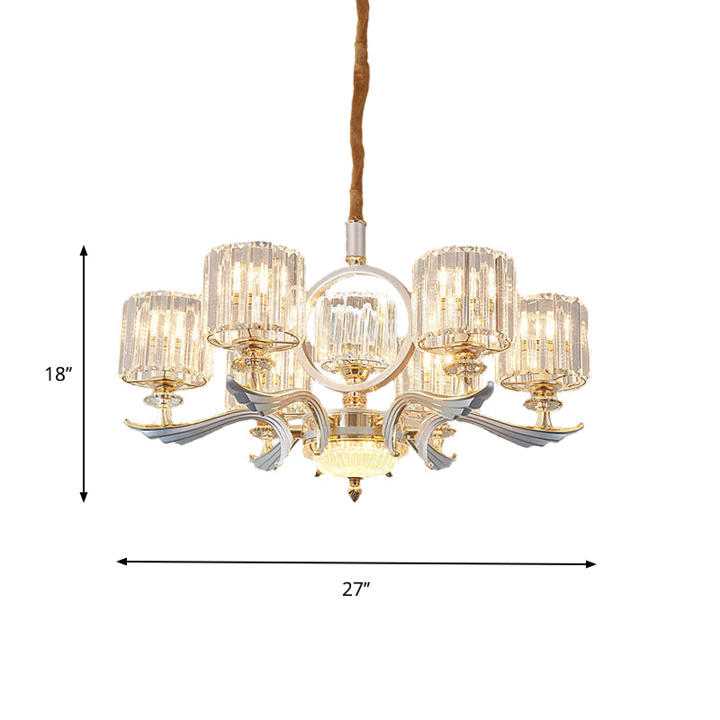 Crystal Block Cylinder Suspension Light Contemporary 6/8-Head Dining Room Chandelier in Silver