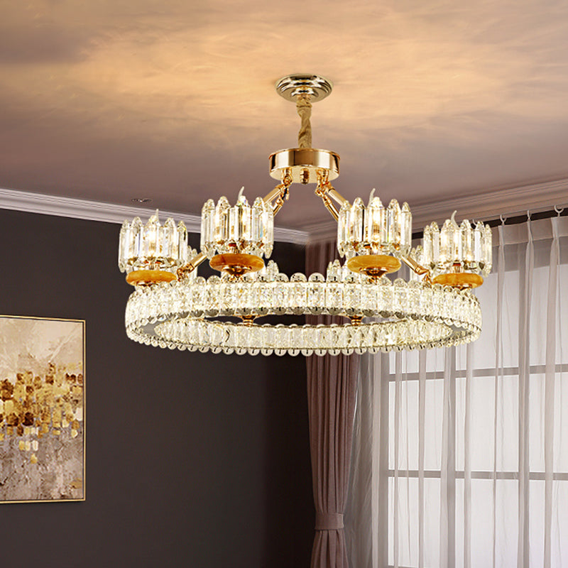 Cylinder Living Room Chandelier Lamp Modernism Crystal Block 6/8 Bulbs Gold Ring Ceiling Light