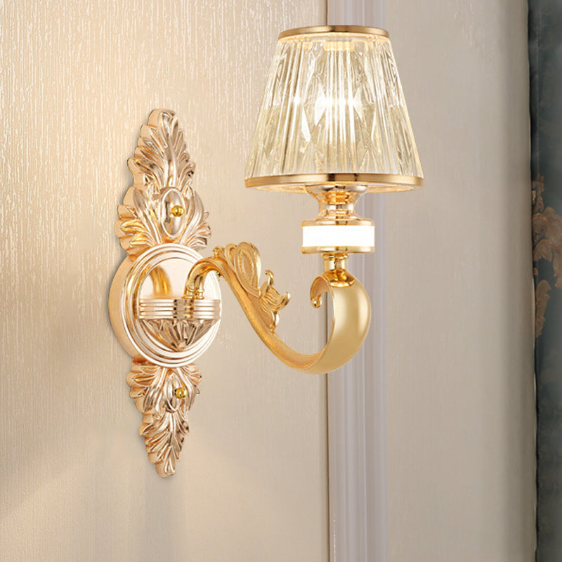 1/2-Head Wall Sconce Modern Bedside Wall Light Fixture with Cone Crystal Shade in Gold