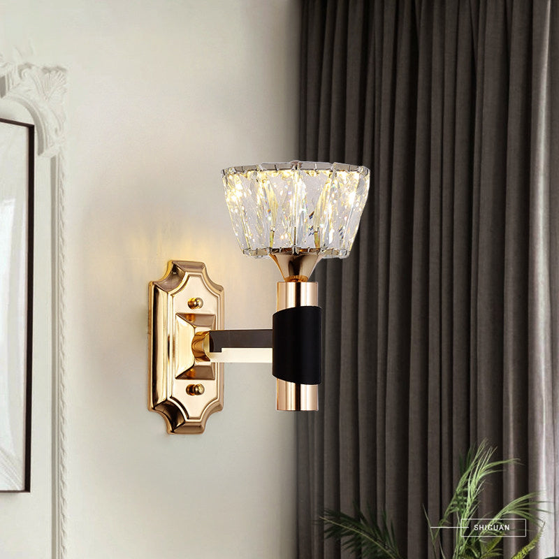 1/2-Light Bowl Wall Sconce Lighting Minimalist Black and Gold Crystal Block Wall Lamp