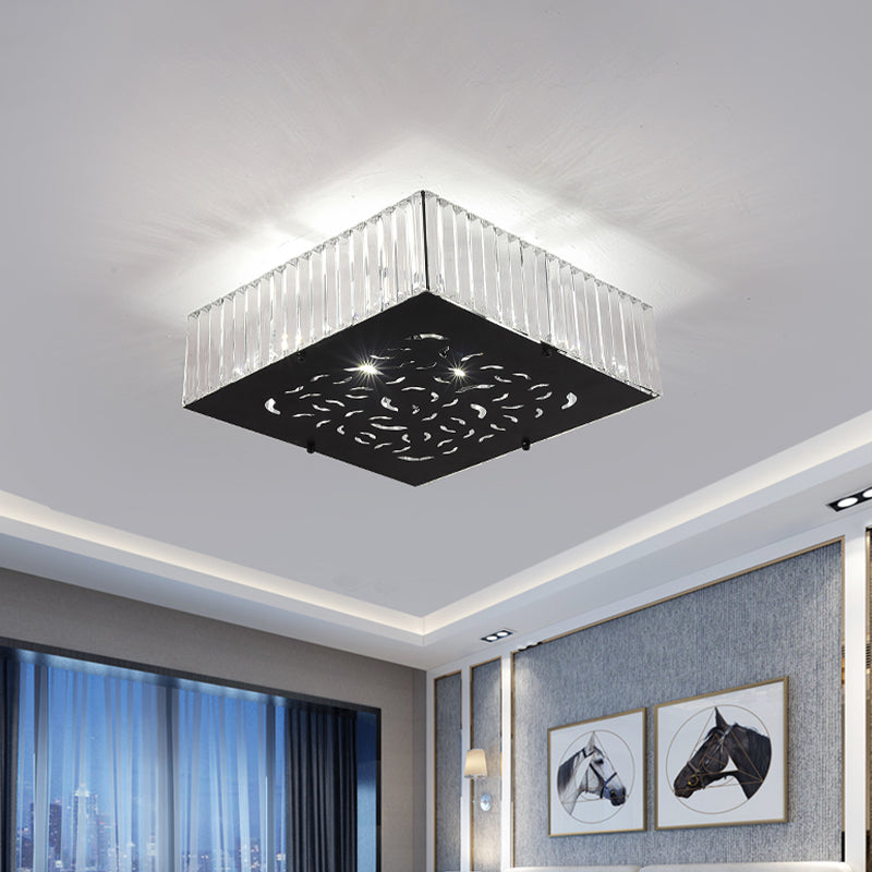 Black 4-Head Ceiling Mounted Fixture Simple Crystal Block Square/Rectangle Flush Lighting for Bedroom