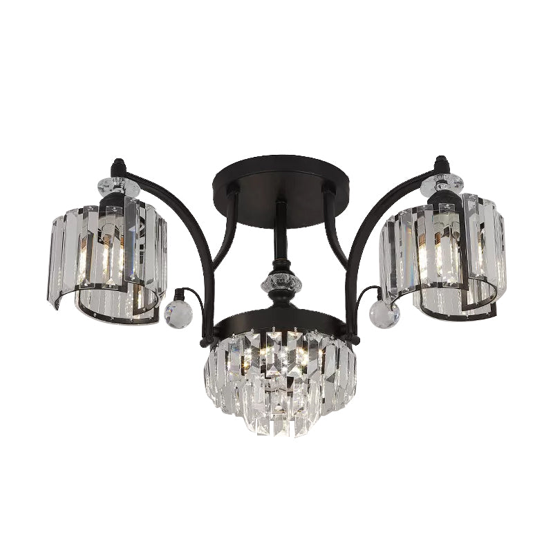 Metallic Curbe ARM SEMI FUSH MOUR MODERNE MODERNE 3/6 BULB DES PLAUDES PLAGE FUSHER EN NOIR AVEC CYLINDRE CRISTAL
