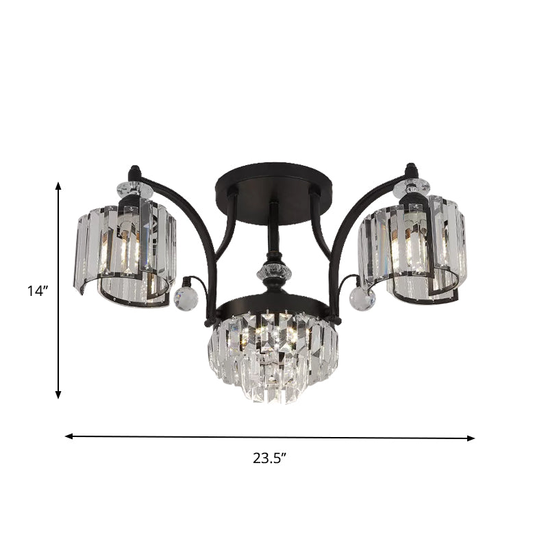 Metallic Curbe ARM SEMI FUSH MOUR MODERNE MODERNE 3/6 BULB DES PLAUDES PLAGE FUSHER EN NOIR AVEC CYLINDRE CRISTAL