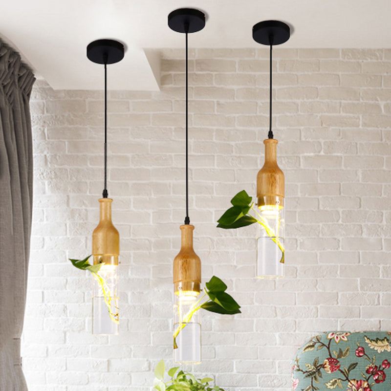 Wine Bottle Clear Glass Pendant Art Deco 1 Bulb Bedroom Plant Ceiling Hang Fixture in Wood