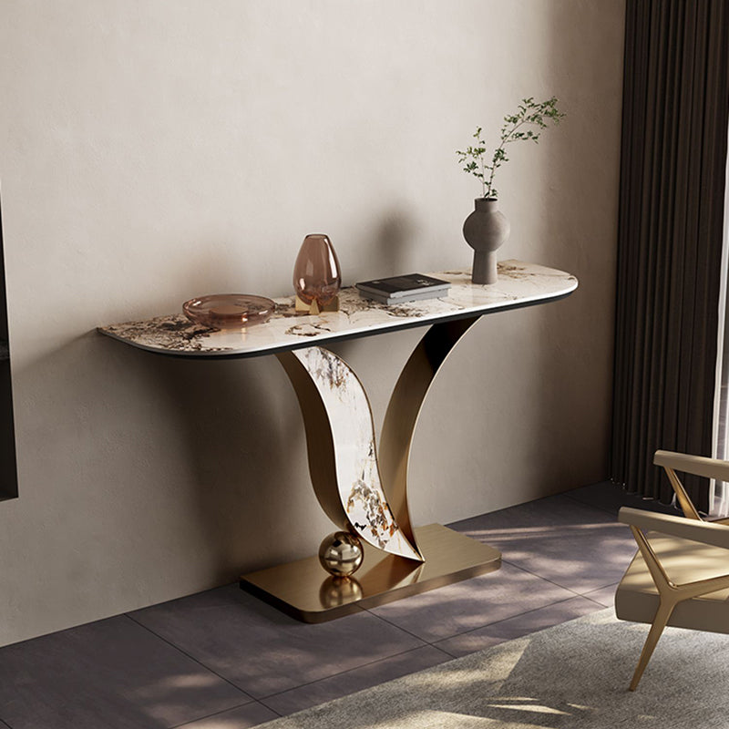 Half Moon Shape Contemporary Console Table Gold/Champagne Stone Sofa Table