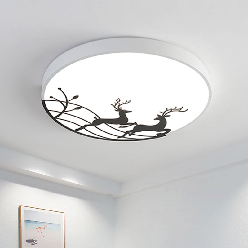 Elk Dance Patterned Round Flush Light Nordic Acrylic White/Black LED Ceiling Mount Lamp for Bedroom