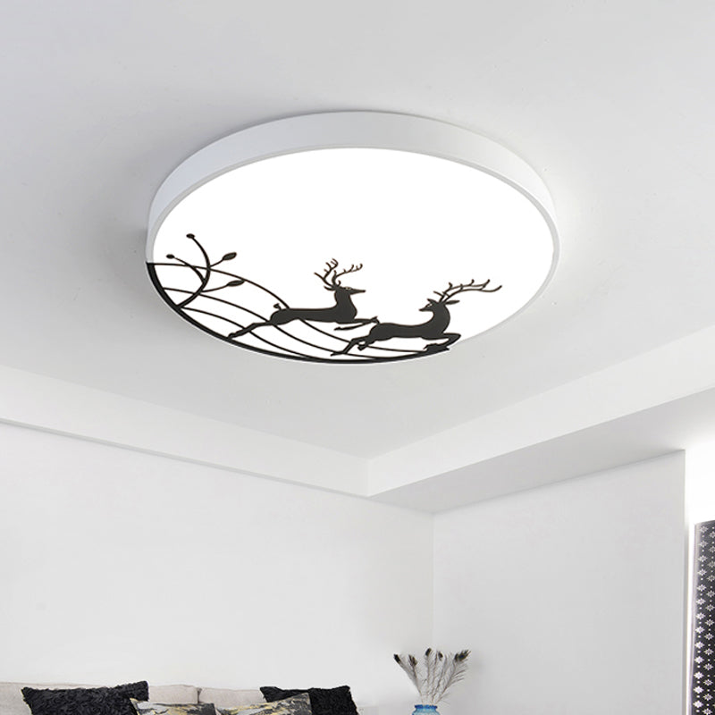 Elk Dance Patterned Round Flush Light Nordic Acrylic White/Black LED Ceiling Mount Lamp for Bedroom
