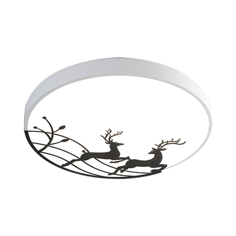 Elk Dance Patterned Round Flush Light Nordic Acrylic White/Black LED Ceiling Mount Lamp for Bedroom