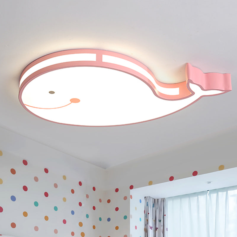Whale Kids Dorm Ceiling Flush Iron Cartoon LED Flush Mount Light in White/Pink/Blue with Acrylic Diffuser
