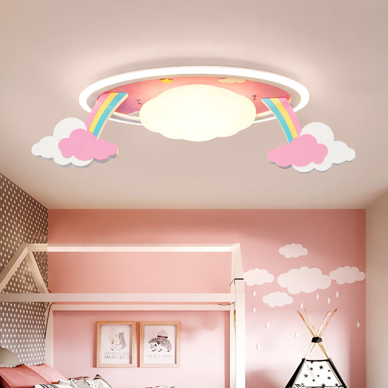 Cartoon LED Ceiling Lighting Pink Rainbow Design Oval Flush Mount Lamp with Acrylic Shade