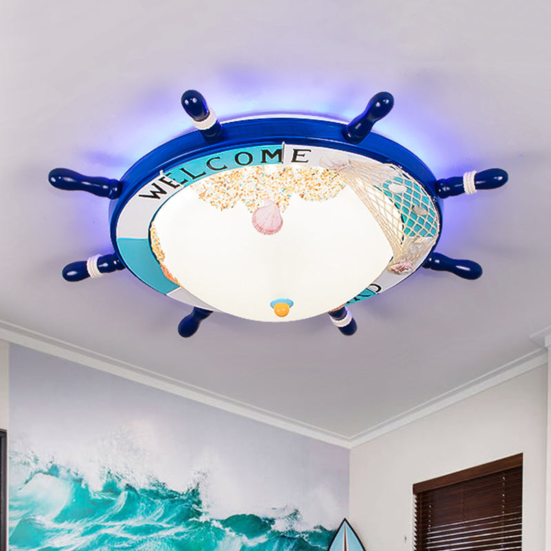 Wood Ship Rudder Flush Mount Mediterranean Blue/Light-Blue LED Ceiling Light with Dome Matte Glass Shade and Marine Element