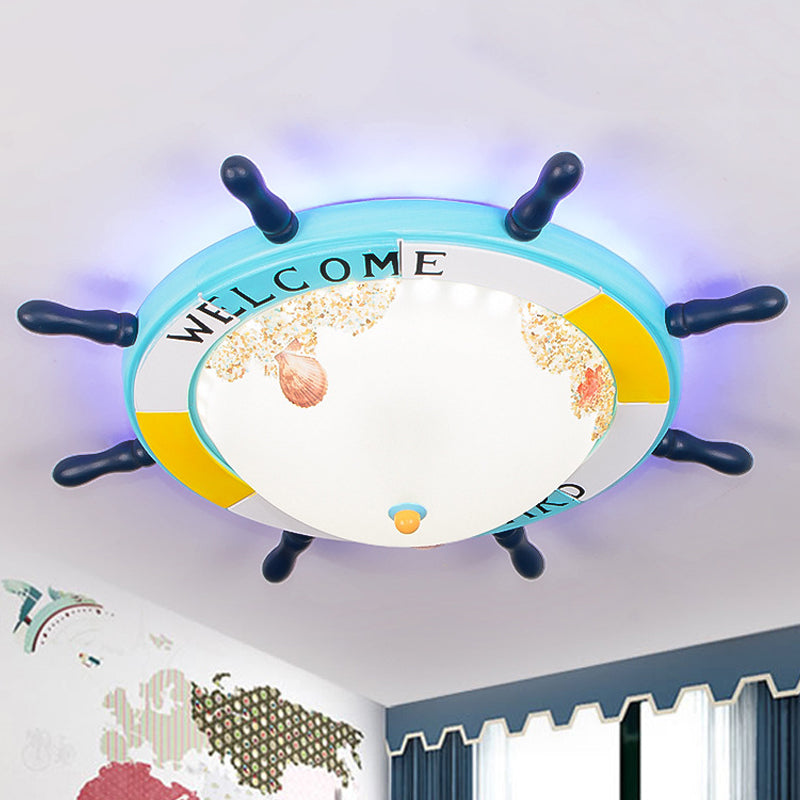 Wood Ship Rudder Flush Mount Mediterranean Blue/Light-Blue LED Ceiling Light with Dome Matte Glass Shade and Marine Element