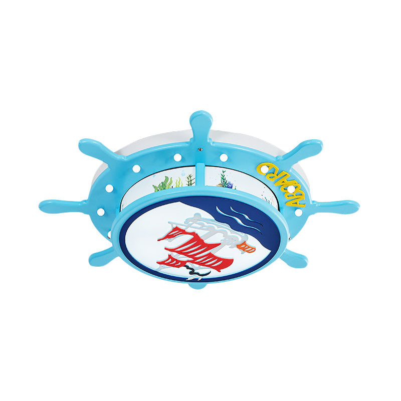 Light Blue Rudder Drum Flush Mount Light Coastal Wooden LED Ceiling Fixture with Sail Ship/Anchor Pattern