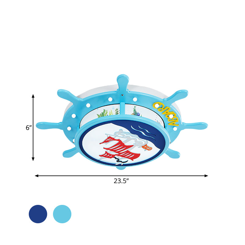 Light Blue Rudder Drum Flush Mount Light Coastal Wooden LED Ceiling Fixture with Sail Ship/Anchor Pattern