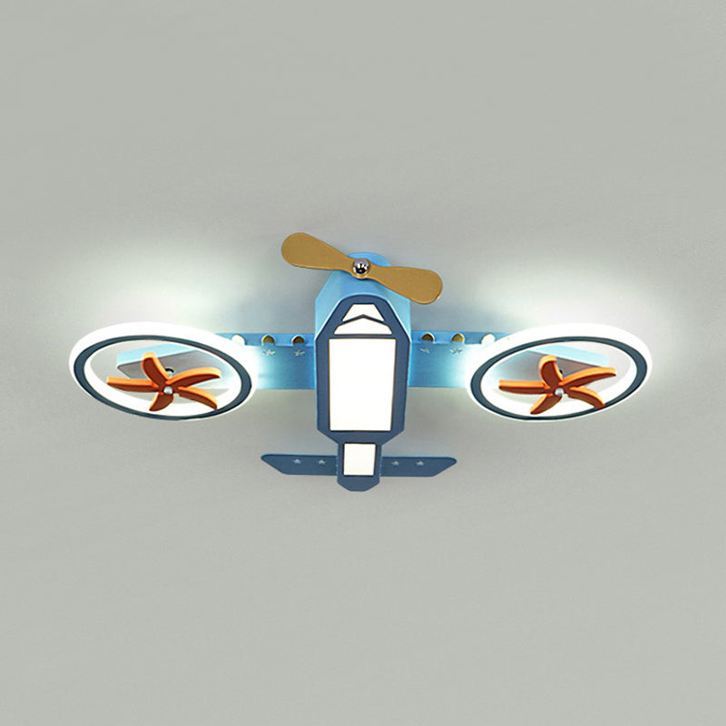 Blue Jet Plane Ceiling Lighting Kids Style Metallic LED Flush Mount Lamp with Spinnable Wing