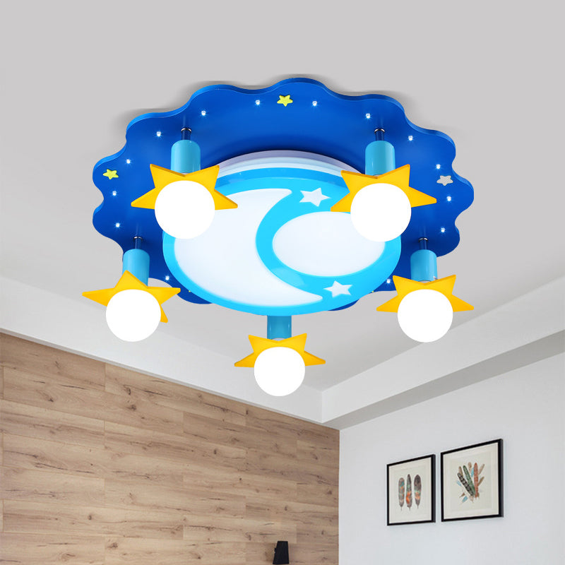 Crescent and Starry Sky Ceiling Flush Cartoon Opal Glass 5 Bulbs Nursery School Flush Mount Lighting in Blue