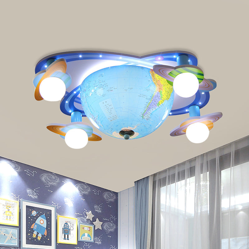 Rotatable Earth Orbit Flush Ceiling Light Kids Acrylic 4 Bulbs Blue Flush Mount Fixture in White/3 Color Light