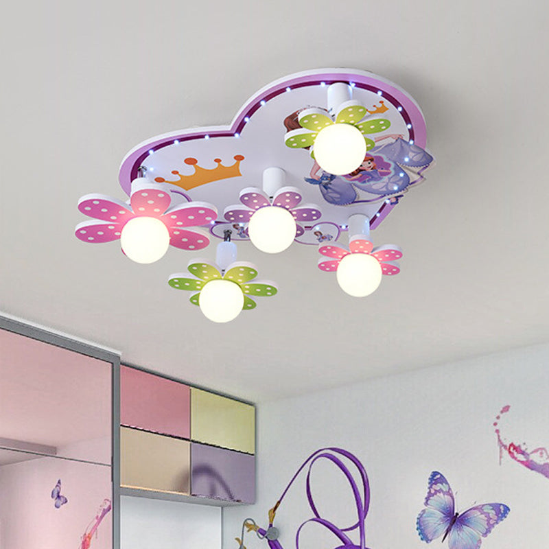 Colored Flower Princess Ceiling Lamp Kids 5-Light Wood Flush Mounted Lighting with Orb White Glass Shade