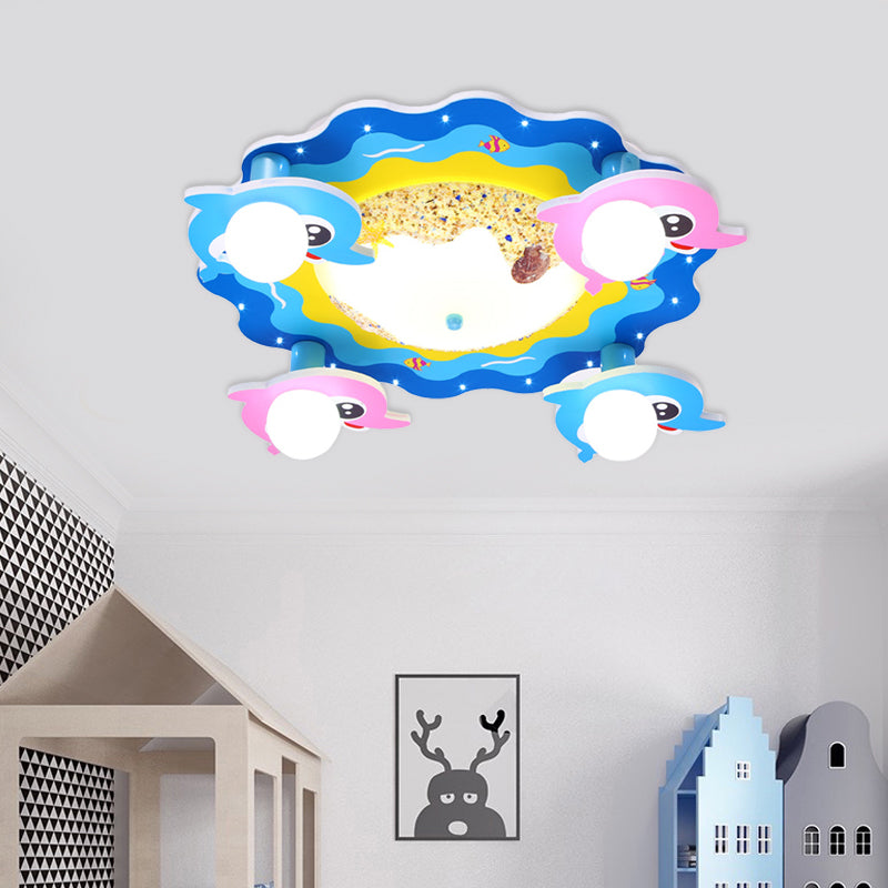 Kids Marine Dolphin Flush Mount Lamp Opal Glass 4-Bulb Kindergarten LED Ceiling Lighting in Blue