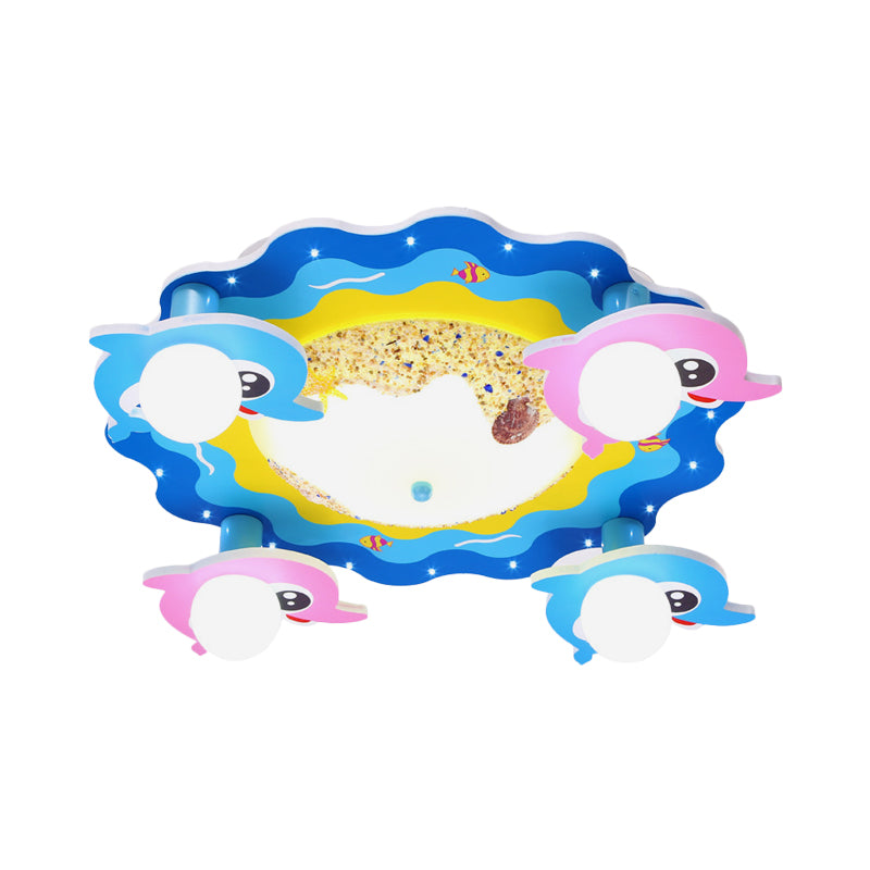 Kids Marine Dolphin Flush Mount Lamp Opal Glass 4-Bulb Kindergarten LED Ceiling Lighting in Blue