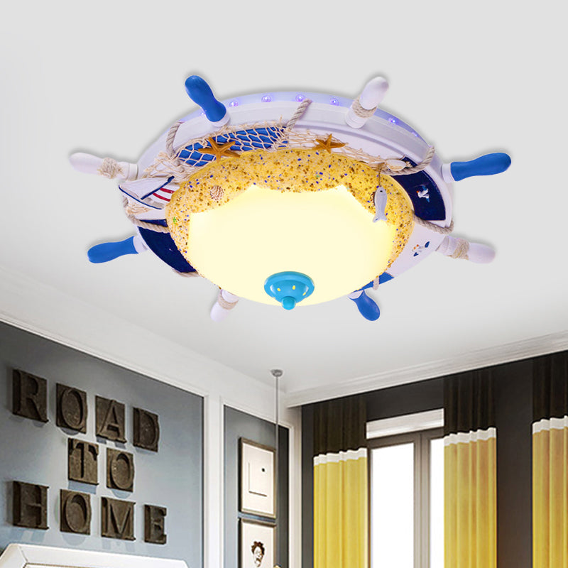 Dome Opal Frosted Glass Ceiling Light Kids White LED Flush Mount Fixture with Rudder Canopy and Marine Element