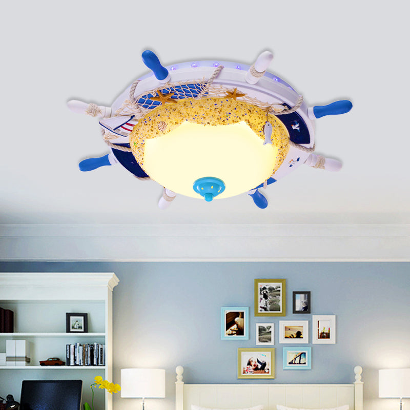 Dome Opal Frosted Glass Ceiling Light Kids White LED Flush Mount Fixture with Rudder Canopy and Marine Element