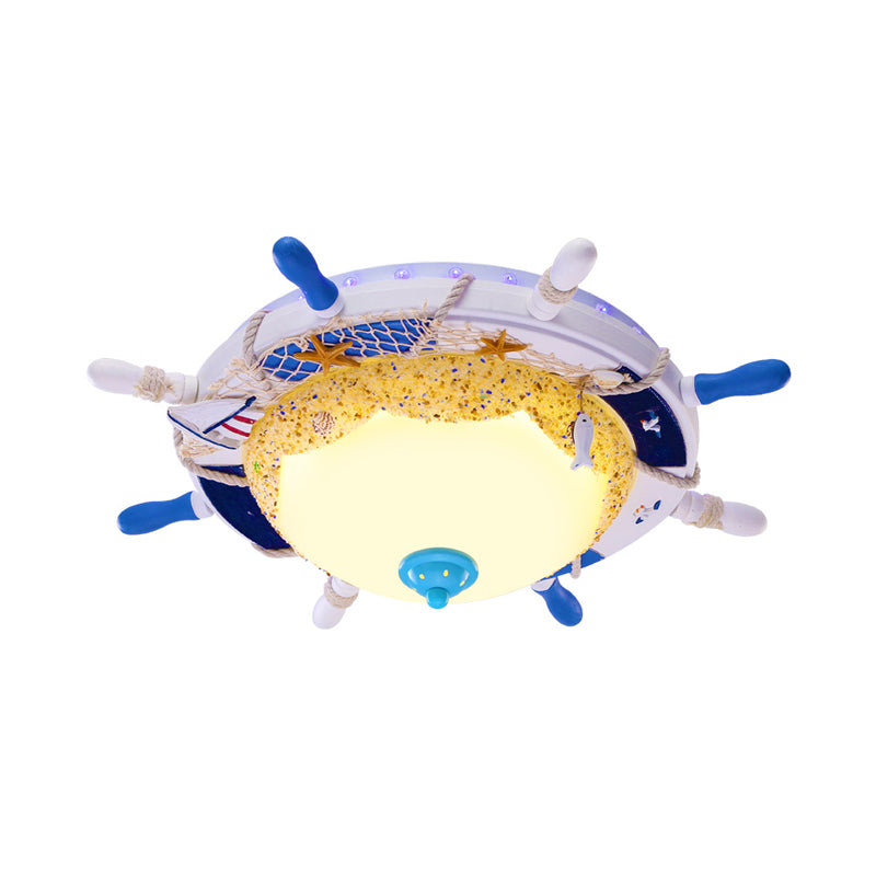 Dome Opal Frosted Glass Ceiling Light Kids White LED Flush Mount Fixture with Rudder Canopy and Marine Element