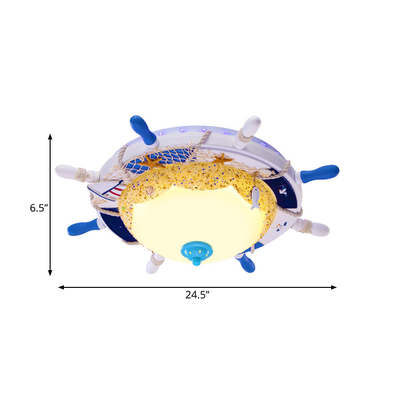Dome Opal Frosted Glass Ceiling Light Kids White LED Flush Mount Fixture with Rudder Canopy and Marine Element