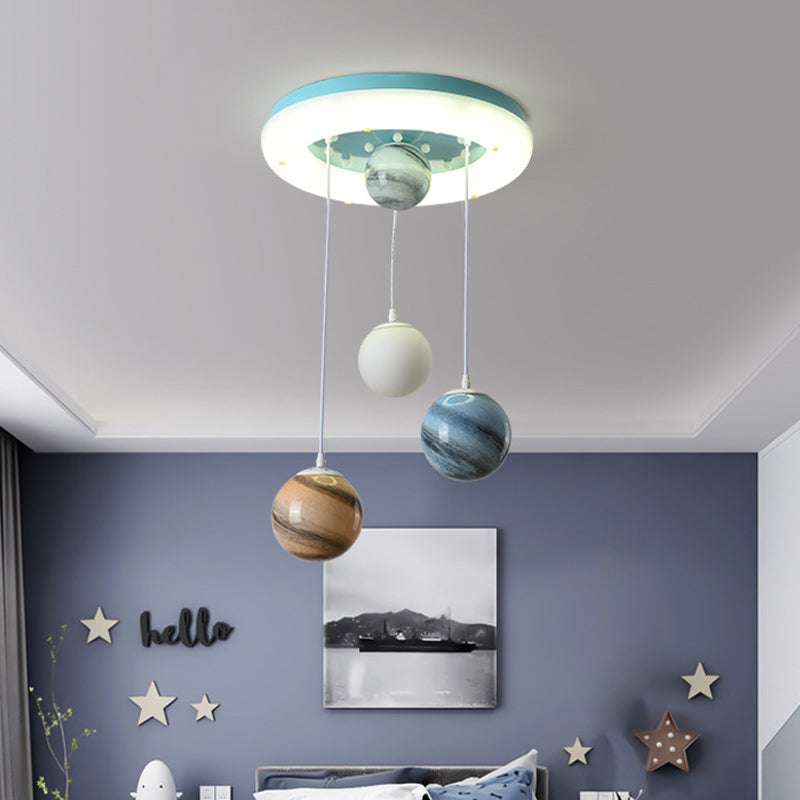 Stained Glass Planet Multi-Pendant Kids 4 Heads Blue Hanging Ceiling Light with Circle Glow Canopy