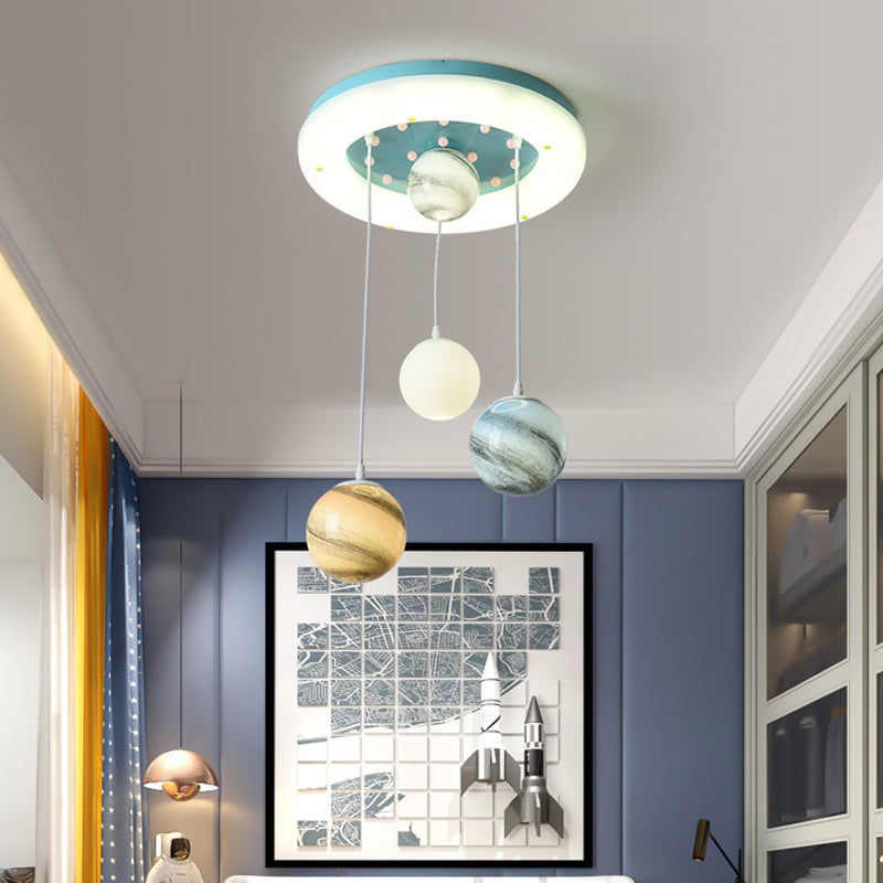 Stained Glass Planet Multi-Pendant Kids 4 Heads Blue Hanging Ceiling Light with Circle Glow Canopy