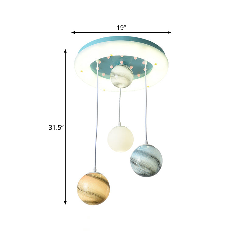 Planeta de vidrieras Niños multipentarios 4 cabezas Luz de techo colgante azul con dosel de brillo circular