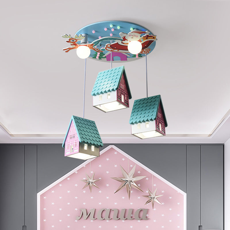 Blue Tile-Roof House Cluster Pendant Cartoon 5 Lights Wood Hanging Light Fixture for Kids Bedroom