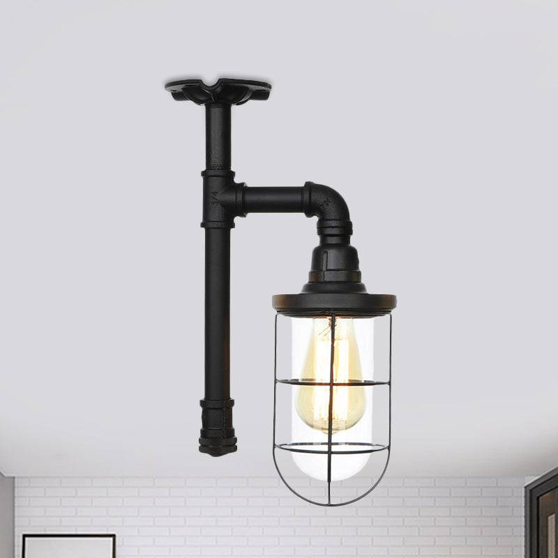 1-Head Caged Semi Flushmount Antiqued Black Iron Flush Ceiling Lamp with Clear Glass Shade