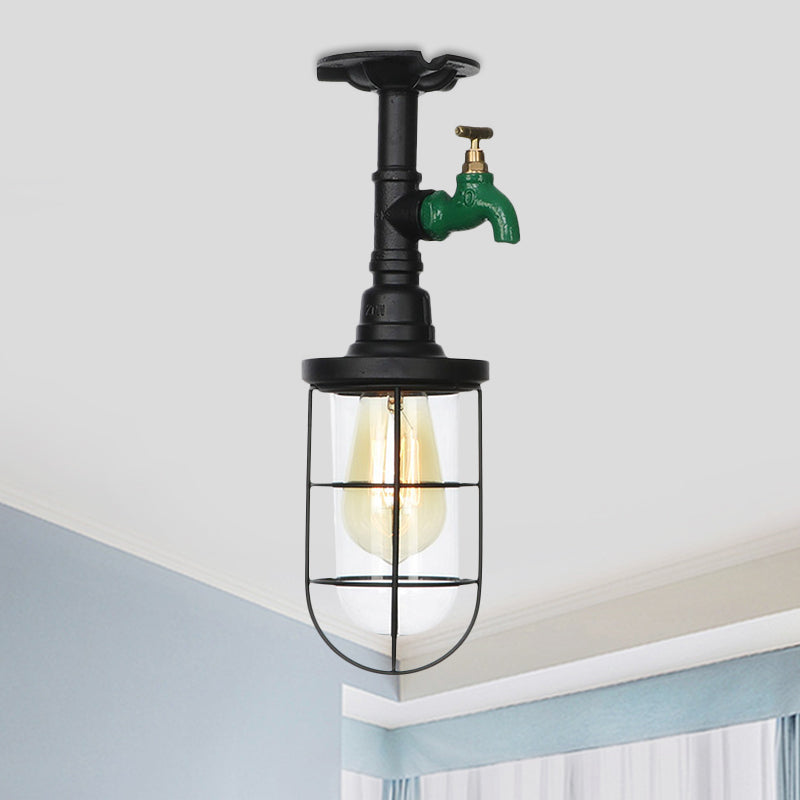 1-Head Caged Semi Flushmount Antiqued Black Iron Flush Ceiling Lamp with Clear Glass Shade