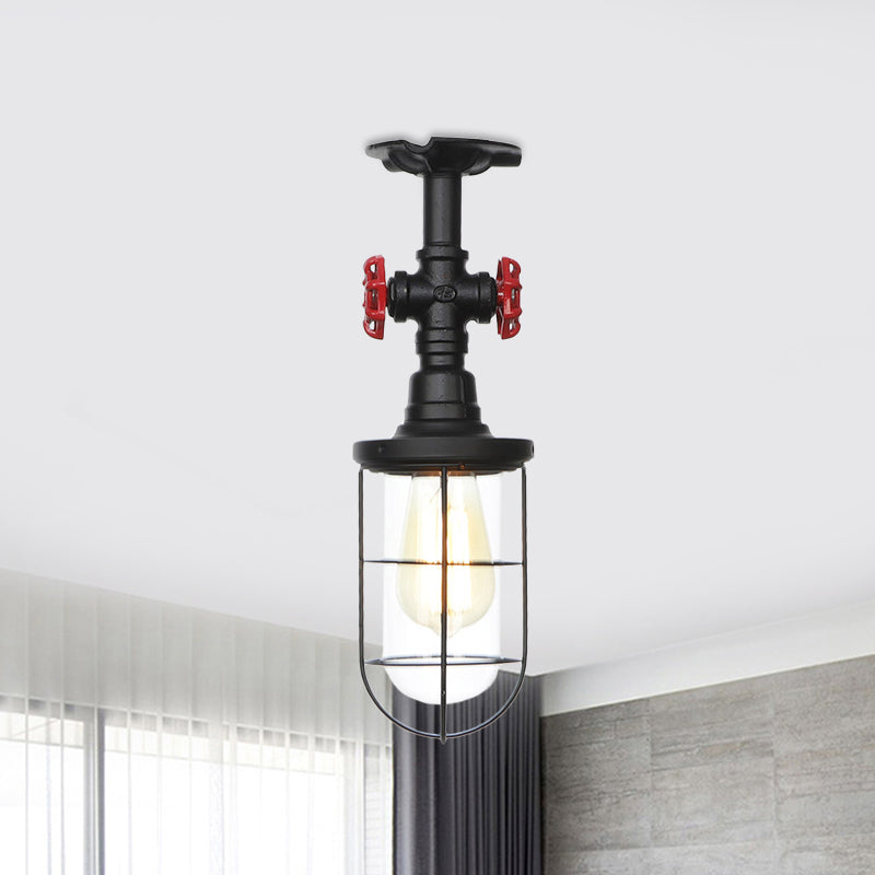 1-Bulb Clear Glass Semi Flush Mount Industrial Black Cage Balcony Ceiling Flush with Valve Deco