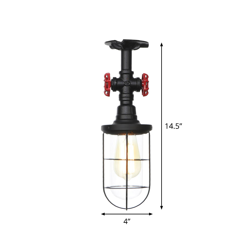 1-Bulb Clear Glass Semi Flush Mount Industrial Black Cage Balcony Ceiling Flush with Valve Deco